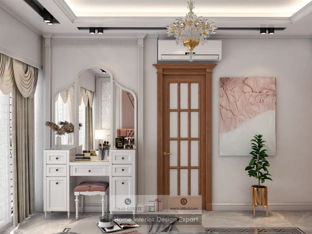 Classic white vanity table with arched mirror and abstract pink artwork in luxury girls bedroom designed by DIT Studio in Dhanmondi 10A Dhaka