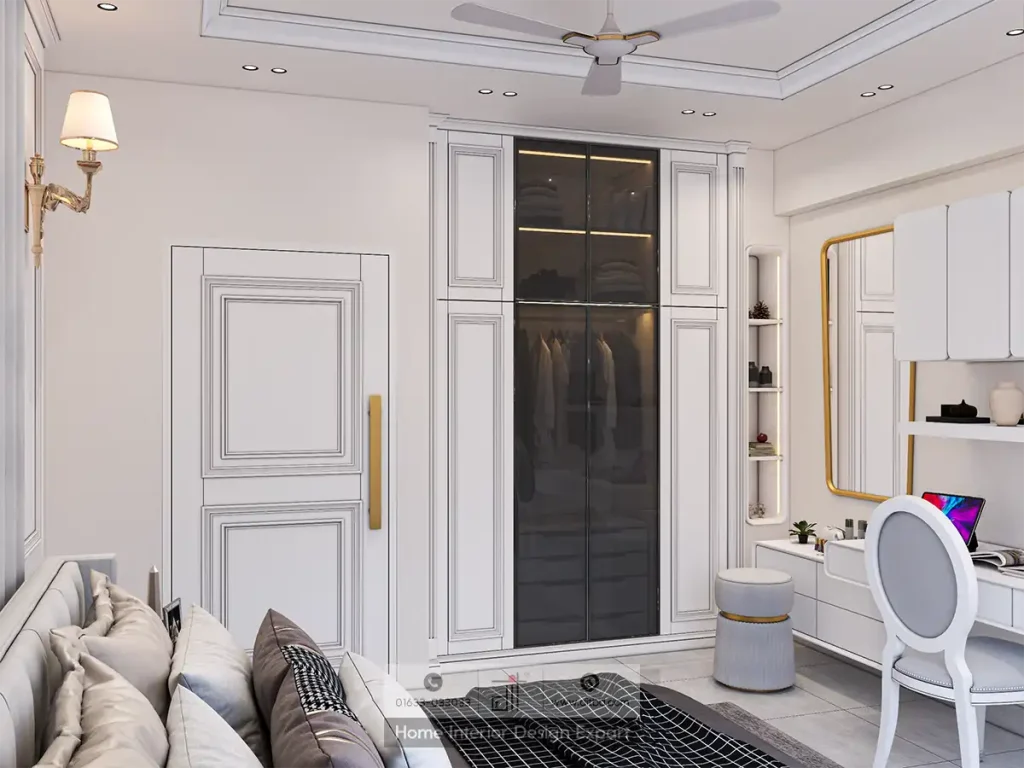 Smoked-glass wardrobe and panelled door close-up with LED display shelf in Dhanmondi-6A by DIT Studio