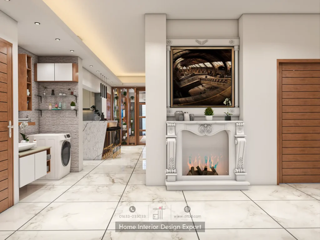 Fireplace foyer with classical white mantle and laundry station in common area designed by DIT Studio Bangladesh