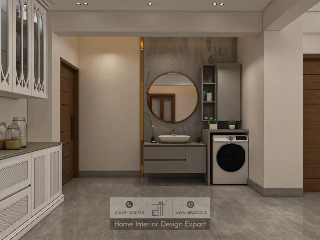 Wash station with round gold mirror, vessel basin, and washing machine in Banshundhara R/A common area by DIT Studio
