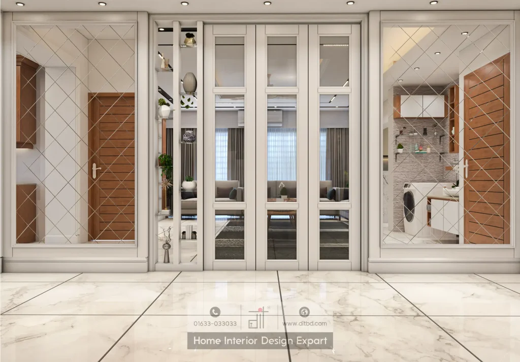 White-framed glass partition wall with diamond-pattern mirror panels in common area by DIT Studio
