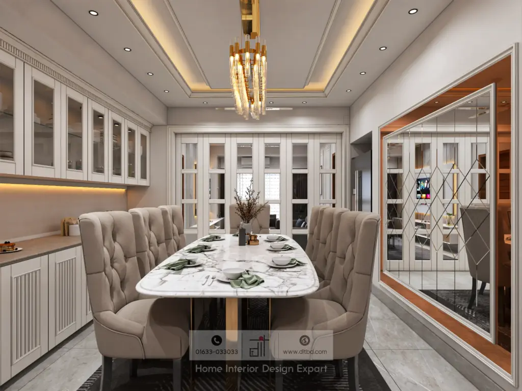 Luxury dining room with marble-top table, tufted taupe chairs, gold chandelier, and beveled mirror wall designed by DIT Studio in Mirpur