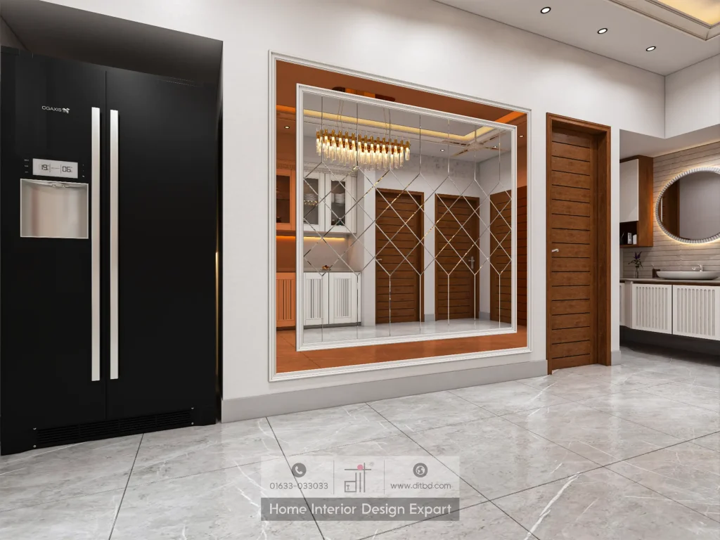 Hallway with diamond-pattern beveled mirror, walnut frame, black side-by-side refrigerator, and marble floor tiles in Mirpur apartment
