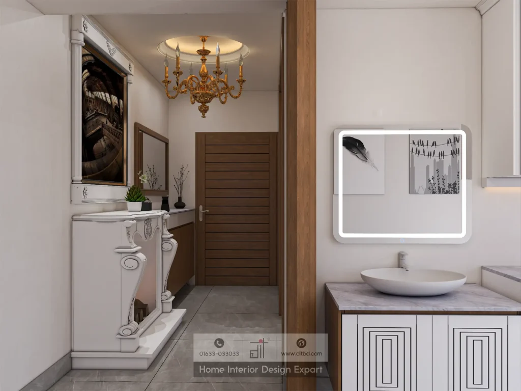 Elegant hallway with gold chandelier, classic console table, and LED-lit wash basin in Wari apartment by DIT Studio