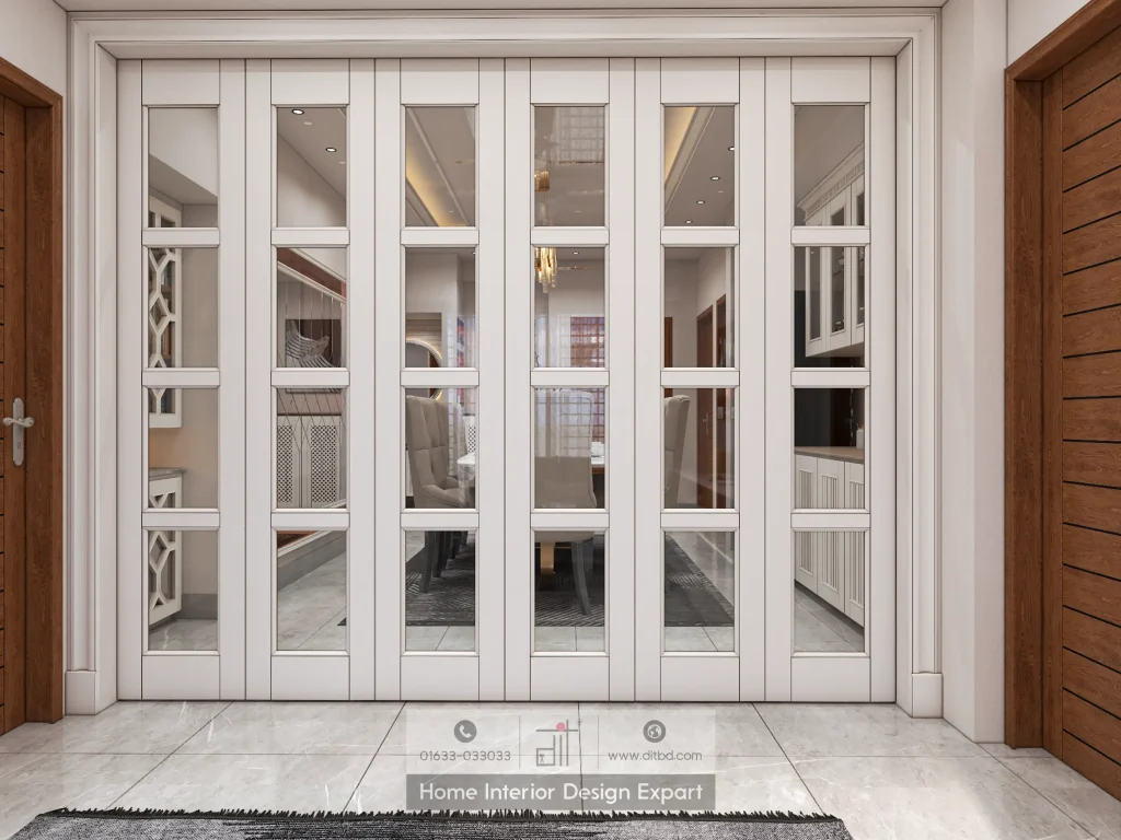 White French-style glass panel folding doors leading to dining area in Mirpur common space by DIT Studio