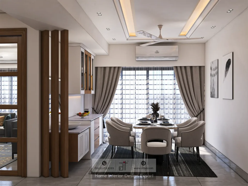 Bright dining room with natural light, grey curtains, and layered false ceiling in Wari, Dhaka by DIT Studio