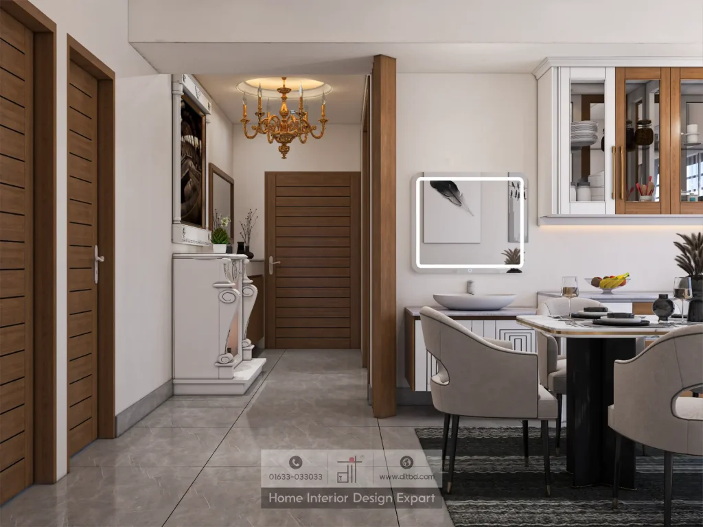 Dining area and hallway entrance with gold chandelier and marble dining table in Wari apartment designed by DIT Studio