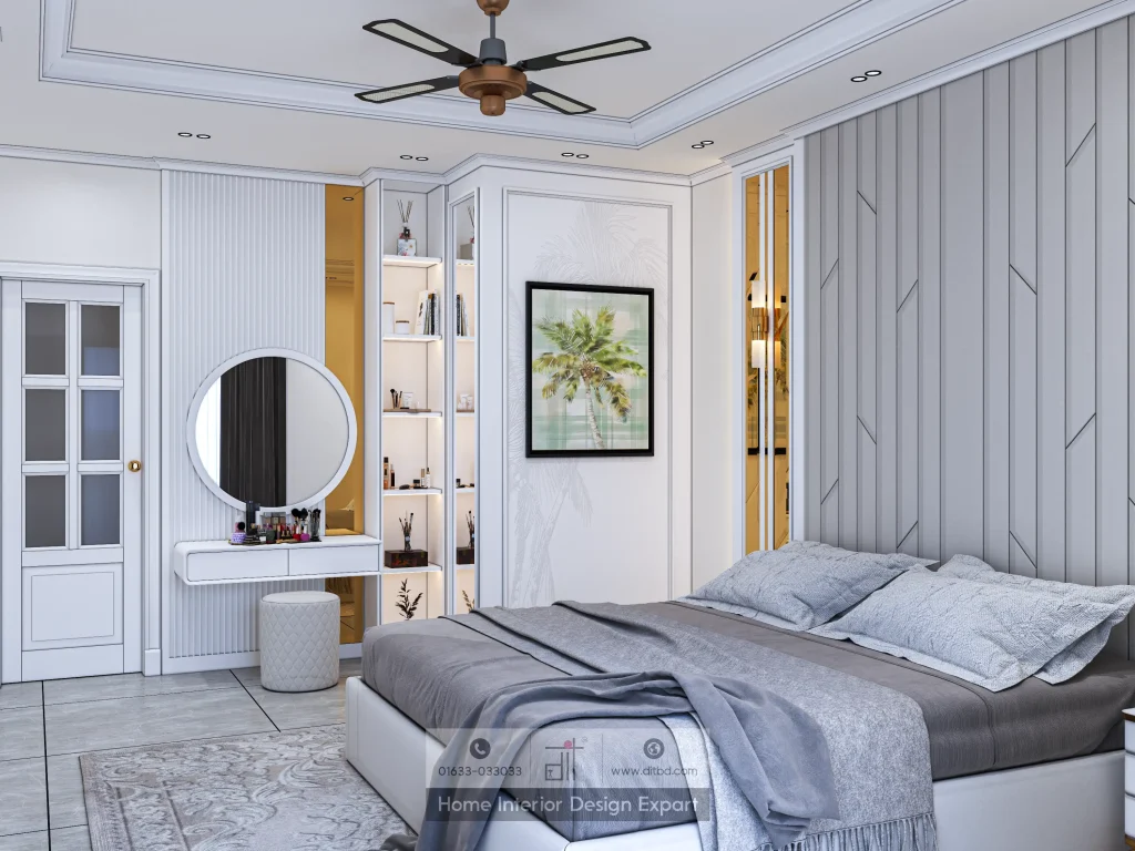 White classical vanity with round mirror and illuminated display shelves in Keraniganj by DIT Studio