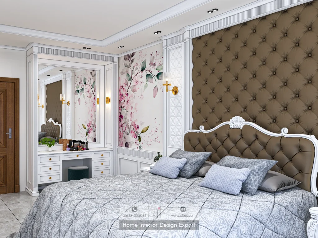 Classical tufted headboard bedroom with floral wallpaper vanity wall in Keraniganj by DIT Studio