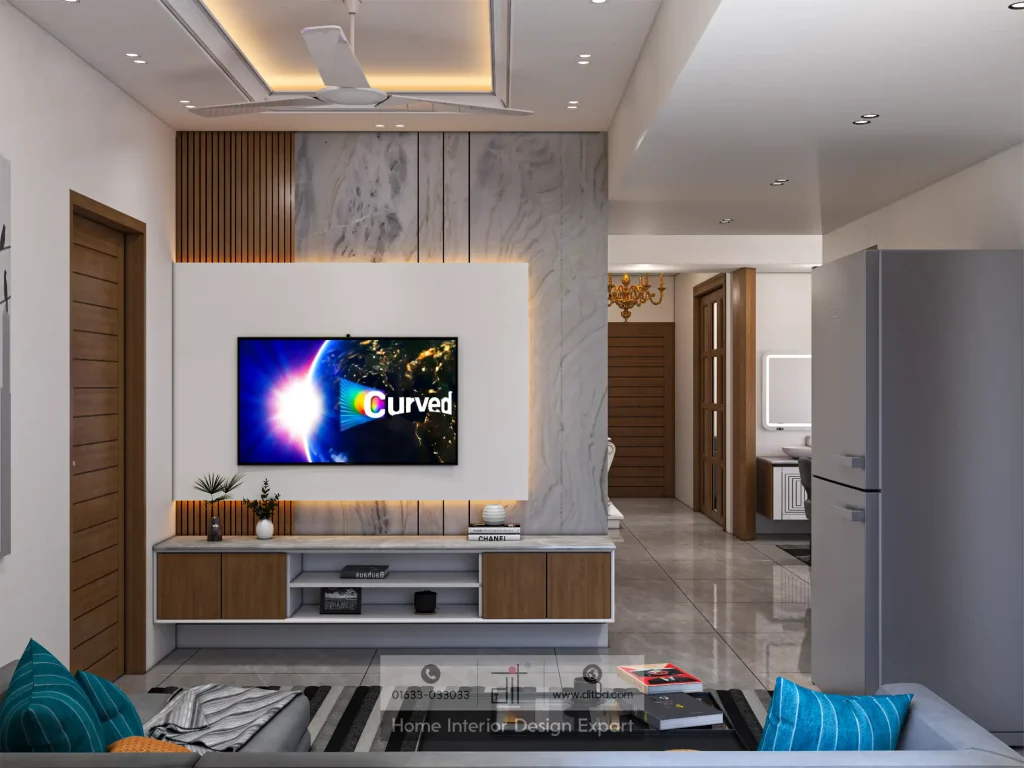 Wide-angle view of contemporary family living room with grey sofa, tray ceiling, and LED cove lighting designed by DIT Studio in Wari, Dhaka