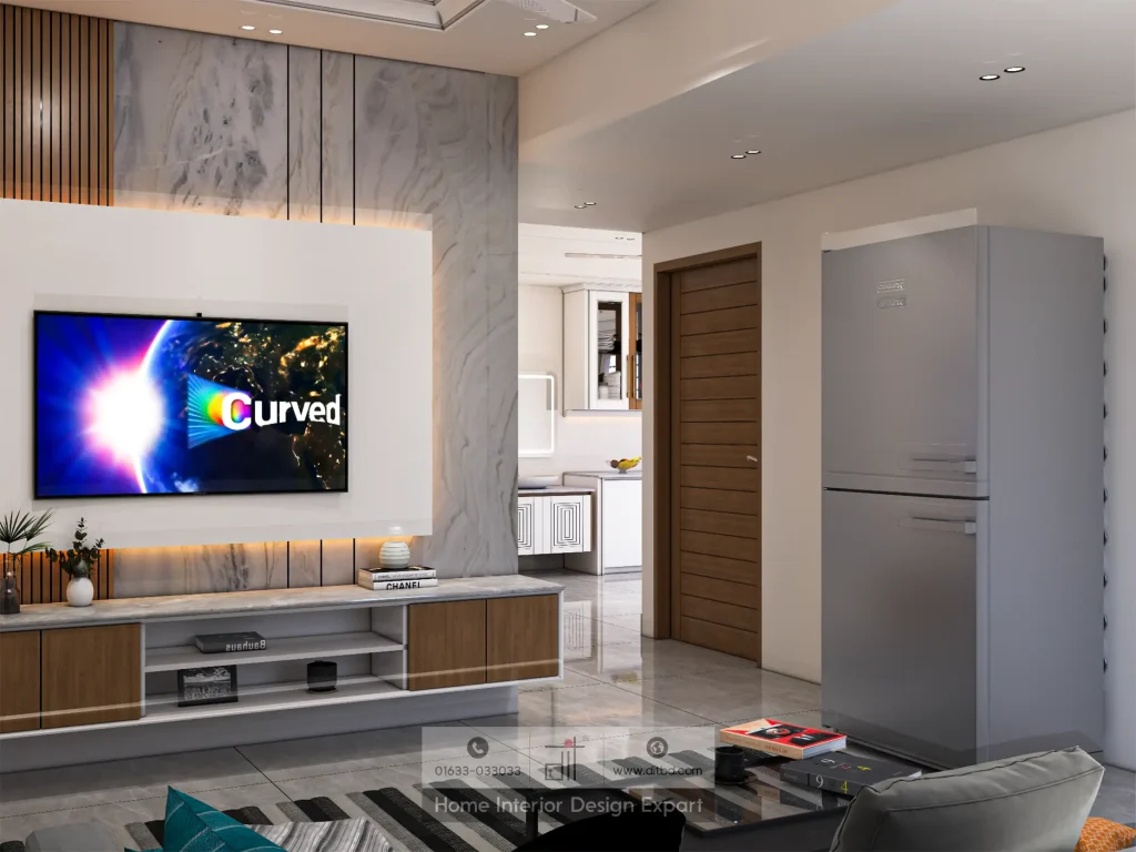 Modern family living room TV wall unit with marble panels and wooden accents in Wari apartment by DIT Studio