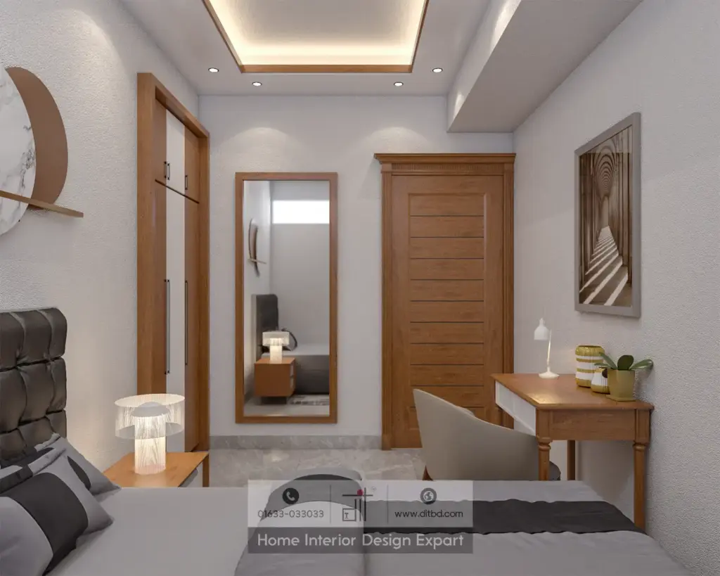 Guest bedroom entry wall with full-length mirror, walnut door, and writing desk in Dhanmondi-10A by DIT Studio