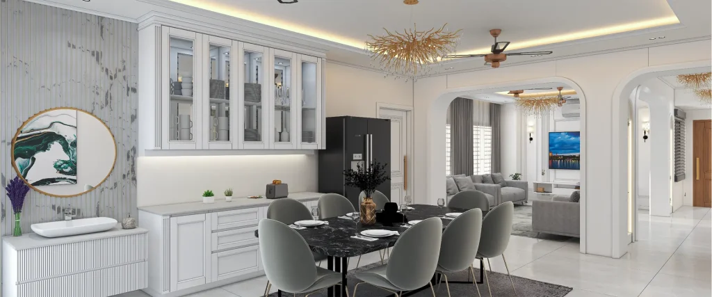 Open-plan dining and living area with gold chandelier, marble feature wall, and black marble dining table in Banshundhara R/A apartment by DIT Studio