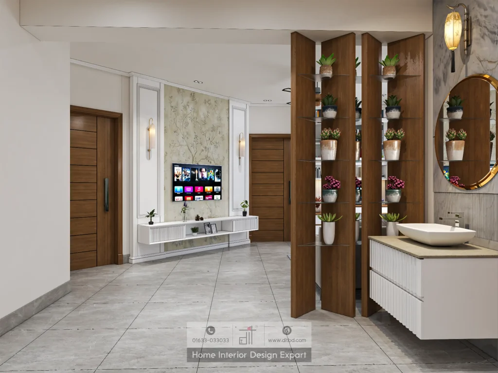 Home interior design with TV feature wall wooden room divider with plants and wash station in Mogbazar apartment by DIT Studio