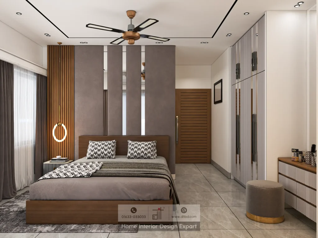 Luxury bedroom with walnut platform bed, suede headboard wall, and ring sconce designed by DIT Studio