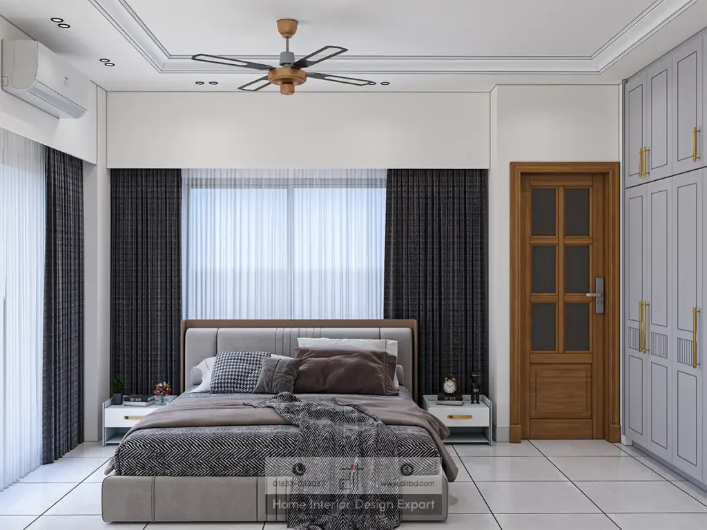 Luxury bedroom with grey-blue paneled wardrobe and upholstered bed in Aftabnagar by DIT Studio