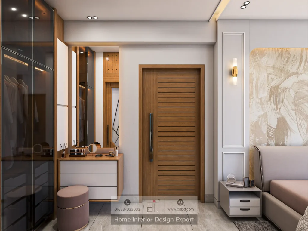 Vanity area with pink ottoman and walnut entry door in luxury Dhanmondi bedroom by DIT Studio