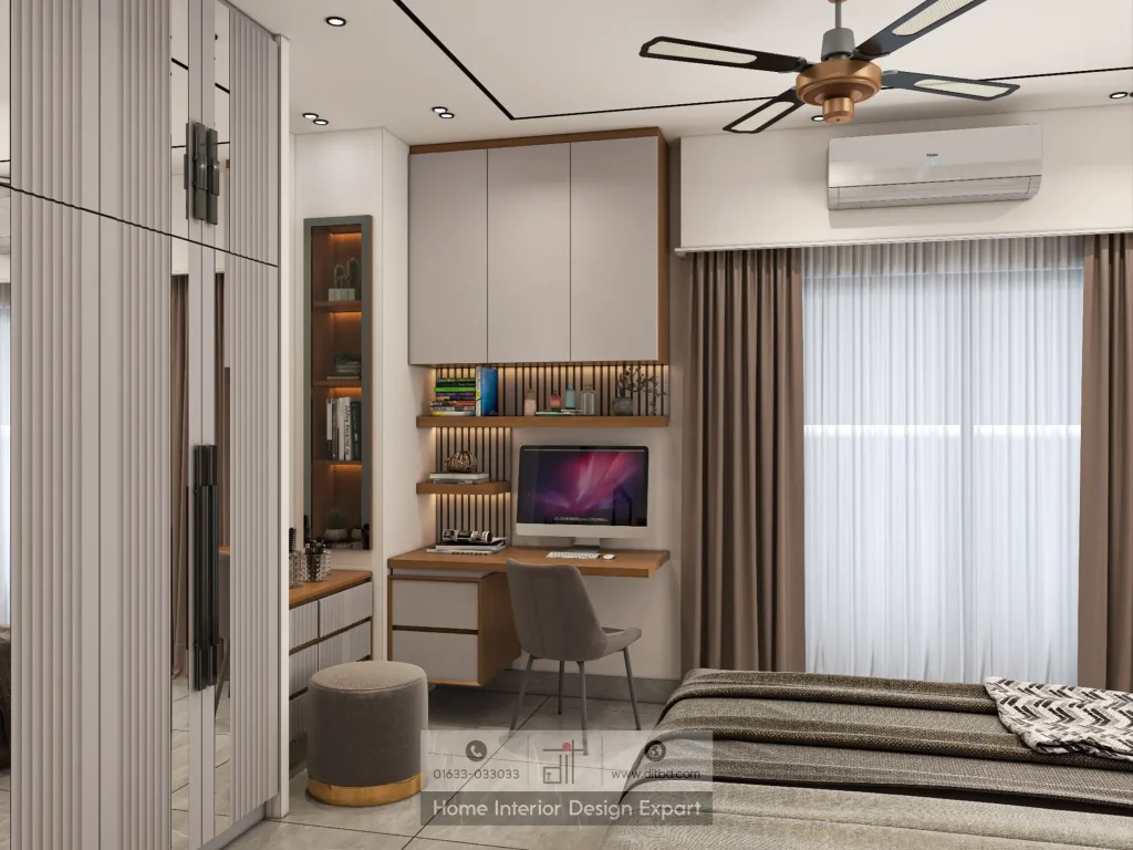 Study workstation with iMac, slatted backsplash, and glass display cabinet in luxury bedroom by DIT Studio