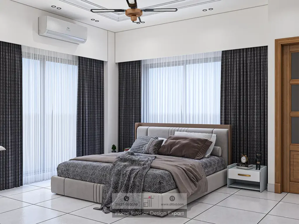 Corner bed arrangement with natural light and charcoal curtains in Aftabnagar bedroom by DIT Studio