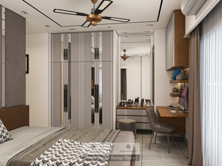 Striped wardrobe wall with full-height mirror and vanity station in DIT Studio luxury bedroom design