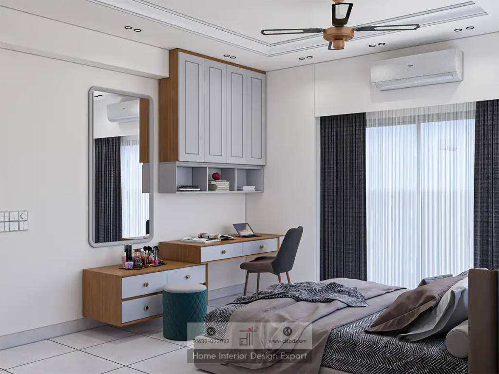 Combined dressing and study station with teal ottoman in luxury Aftabnagar bedroom by DIT Studio
