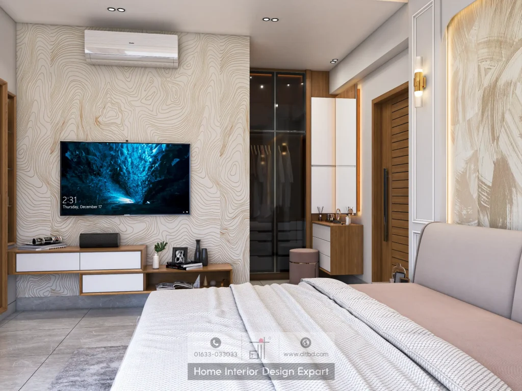 TV wall with smoked-glass wardrobe alcove in luxury Dhanmondi bedroom by DIT Studio