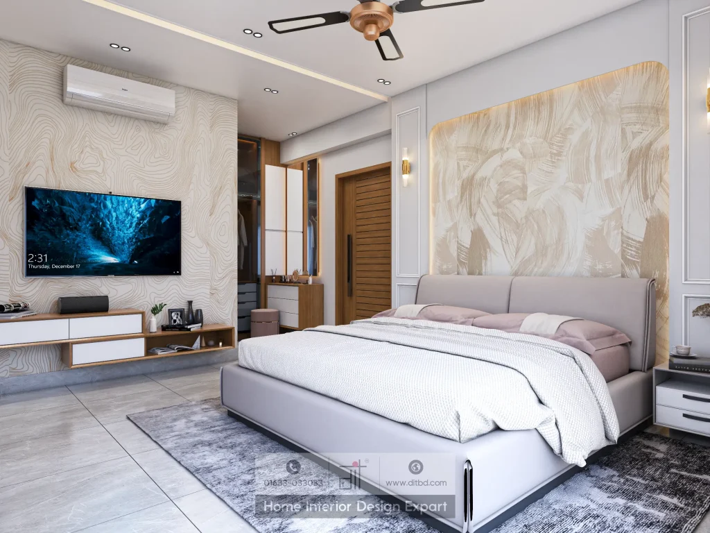 Luxury bedroom with abstract art headboard and floating TV console in Dhanmondi by DIT Studio