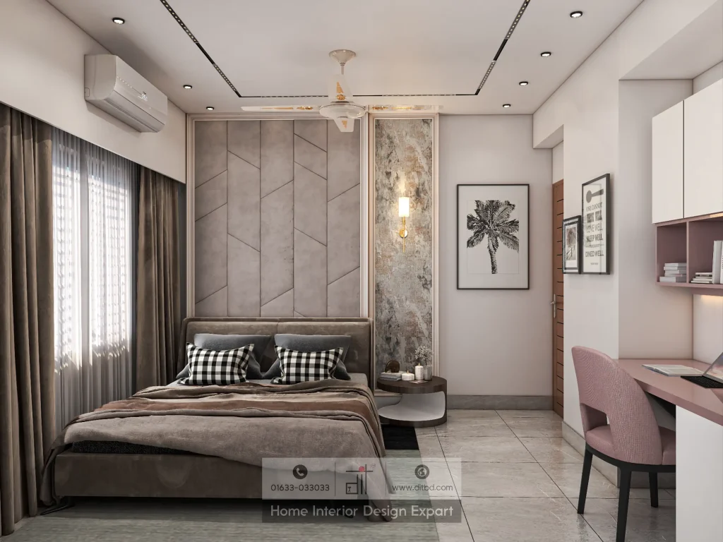 Geometric upholstered headboard wall with study desk in luxury Mirpur boys bedroom by DIT Studio