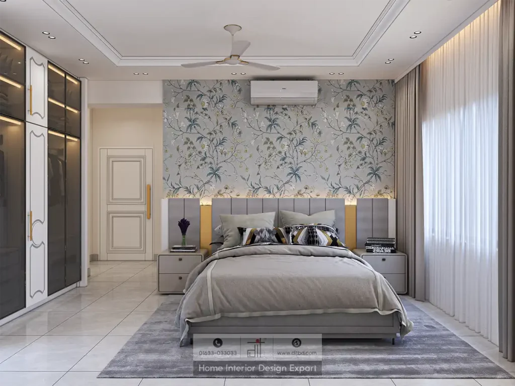 Luxury boys bedroom with botanical wallpaper and channel-tufted grey headboard in Dhanmondi-6A by DIT Studio