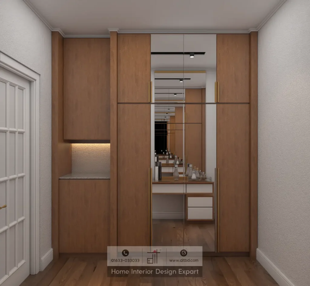 Built-in wardrobe with mirrored doors, oak wood panels, and LED display niche in boys bedroom Maona Gazipur by DIT Studio