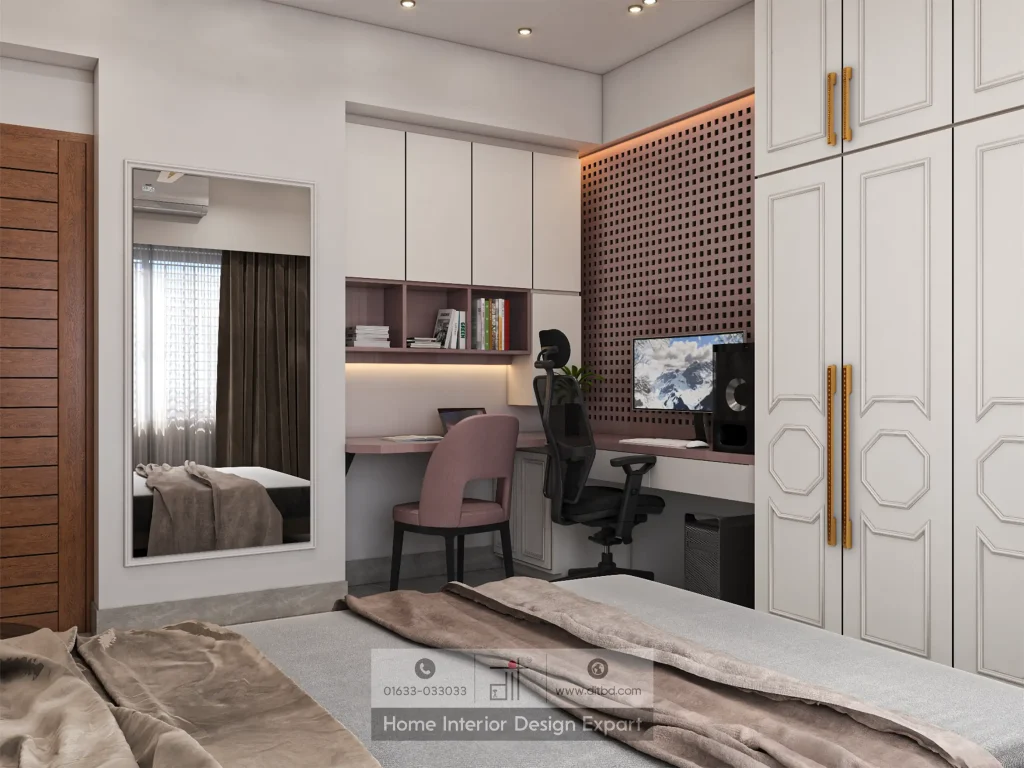 Dual workstation with pink chair and ergonomic office chair in Mirpur boys bedroom by DIT Studio