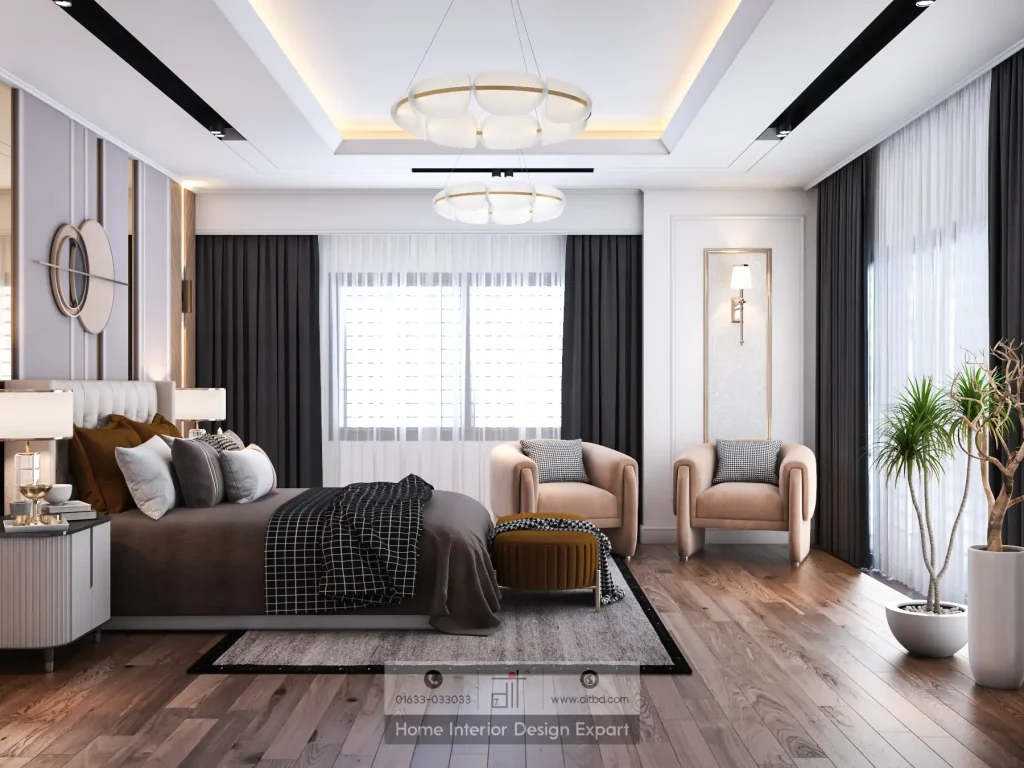 Headboard feature wall with chevron wood panels, circular mirror art, and crystal lamps in boys bedroom by DIT Studio Maona Gazipur