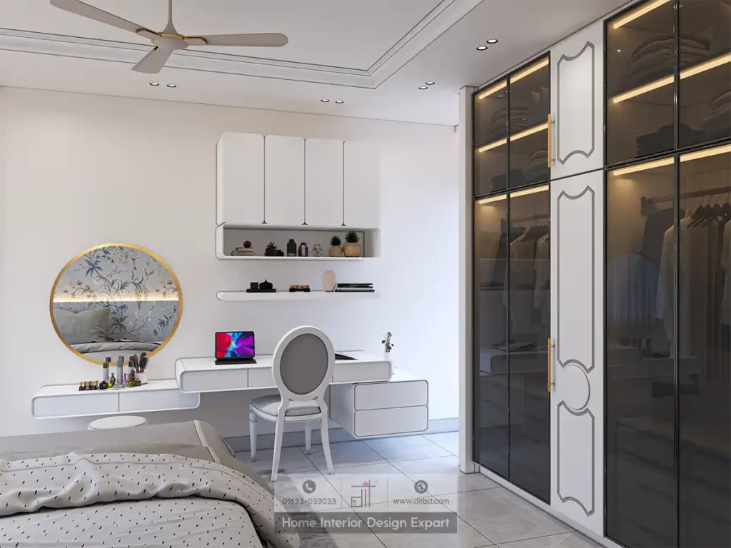 Study desk with gold-rimmed mirror and smoked-glass wardrobe in Dhanmondi-6A boys bedroom by DIT Studio