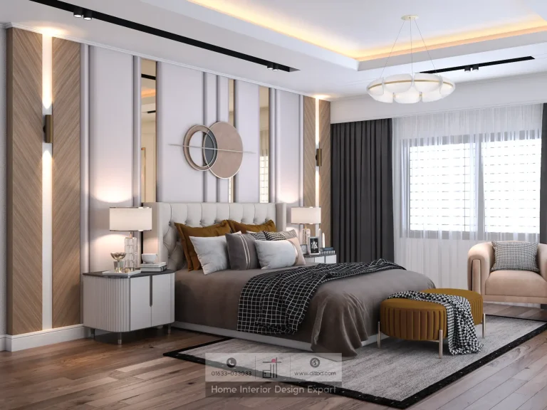 King bed with grey bedding, mustard bench, and armchair viewed from window in DIT Studio Gazipur boys bedroom