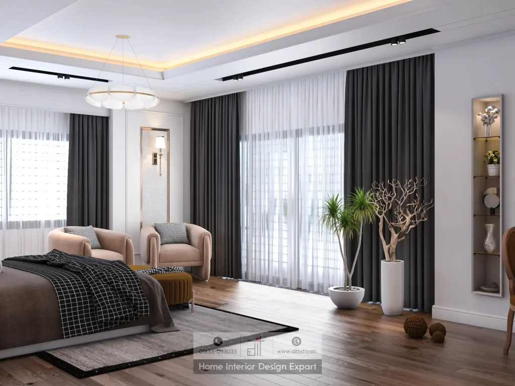 Window wall with armchair, dracaena plant, and charcoal curtains in luxury boys bedroom Gazipur by DIT Studio