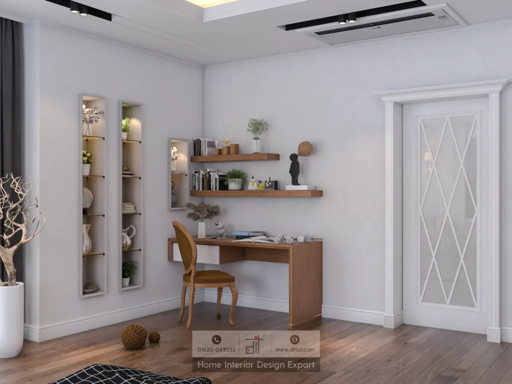 Close-up of study desk with display niches and floating shelves in boys bedroom Maona Gazipur by DIT Studio