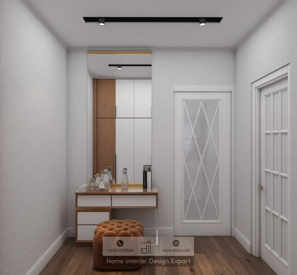 Compact dressing nook with white-and-wood vanity and classical doors in Gazipur boys bedroom by DIT Studio