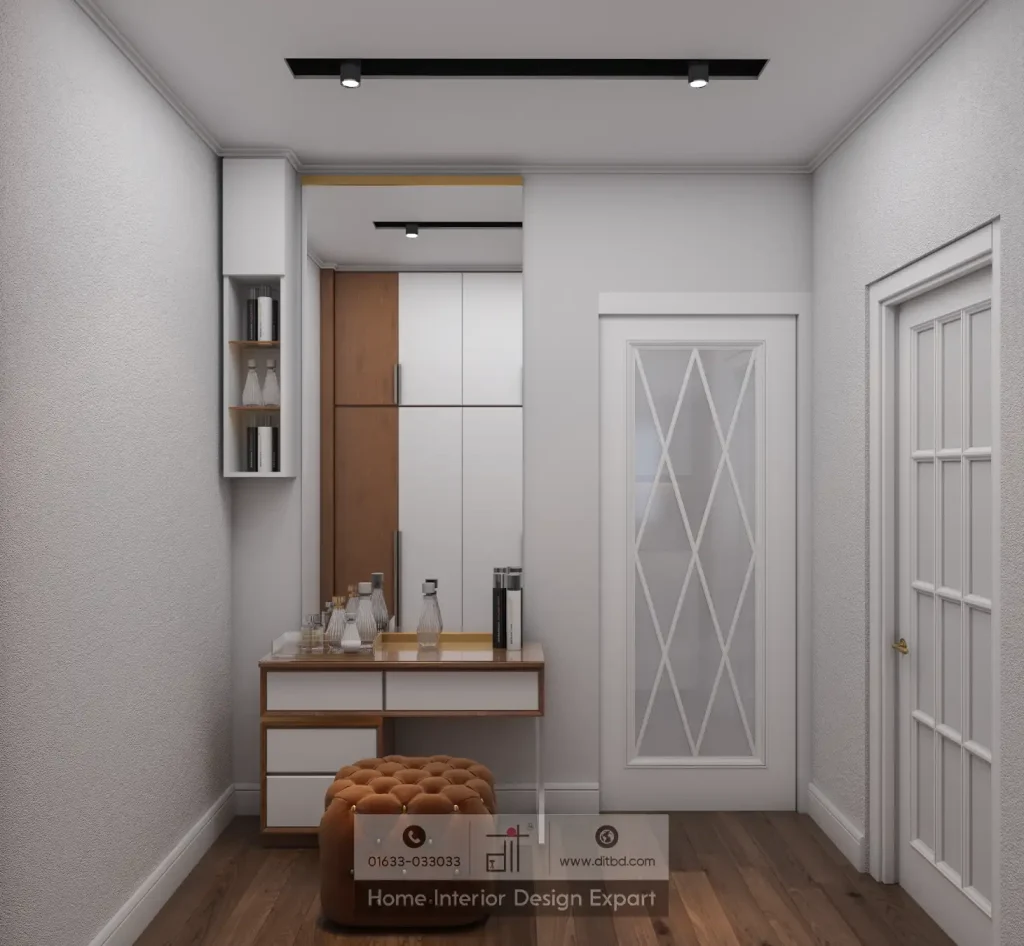 Dressing area with vanity table, full-height mirror, and tufted cognac ottoman in boys bedroom by DIT Studio Gazipur
