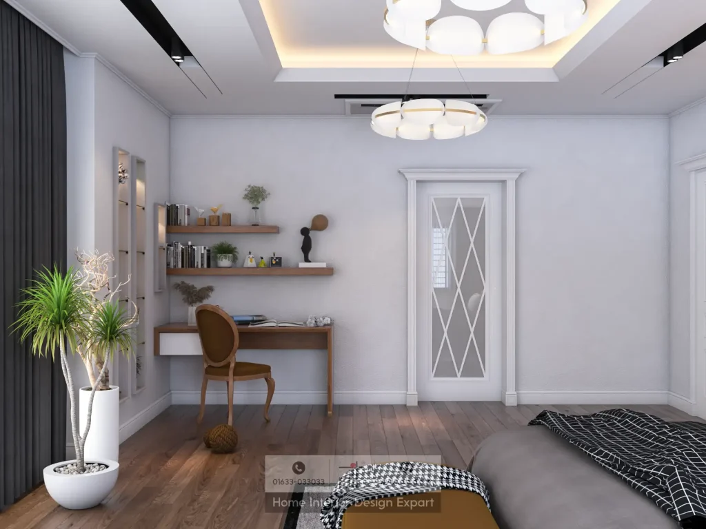 Study area and bathroom entry with petal pendant light in luxury boys bedroom Maona Gazipur by DIT Studio