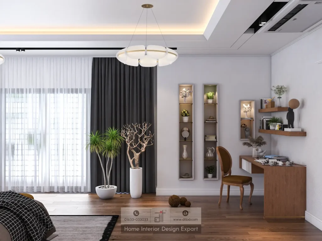 Study corner with wooden desk, floating shelves, display niches, and indoor plants in boys bedroom by DIT Studio Gazipur