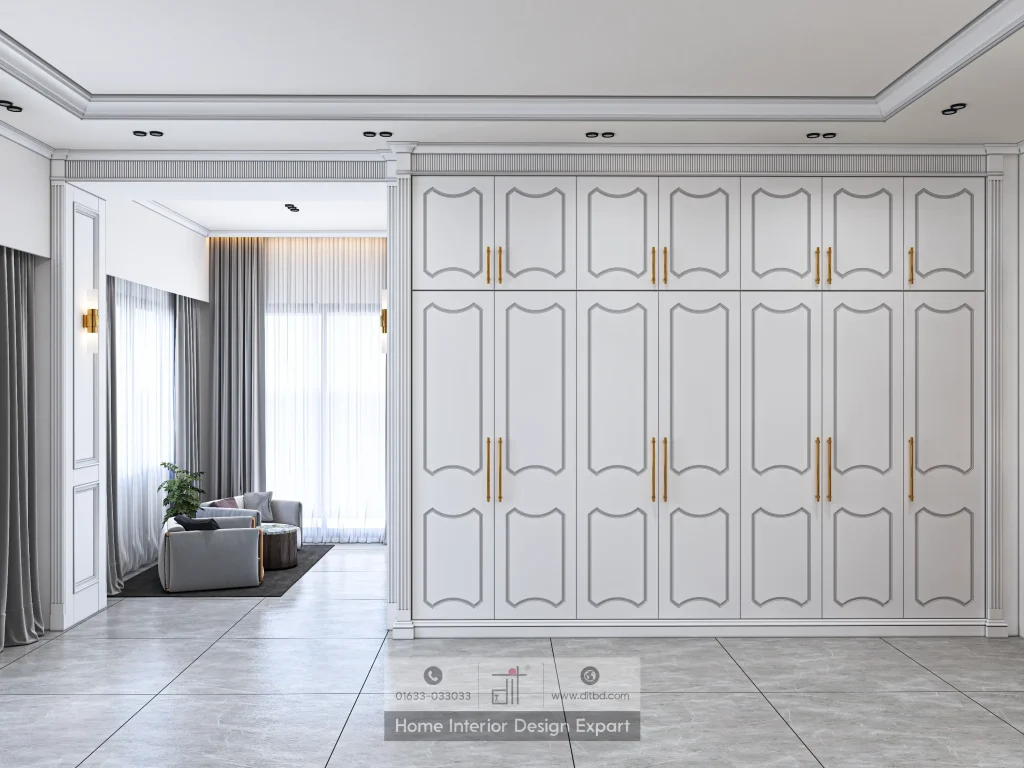 Walk-in closet with eight-door shield-paneled white wardrobe and gold handles in Keraniganj by DIT Studio