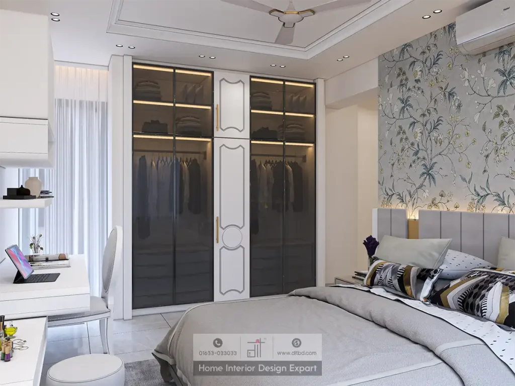 Smoked-glass luxury wardrobe with LED lighting and floral accent wall in Dhanmondi-6A bedroom by DIT Studio