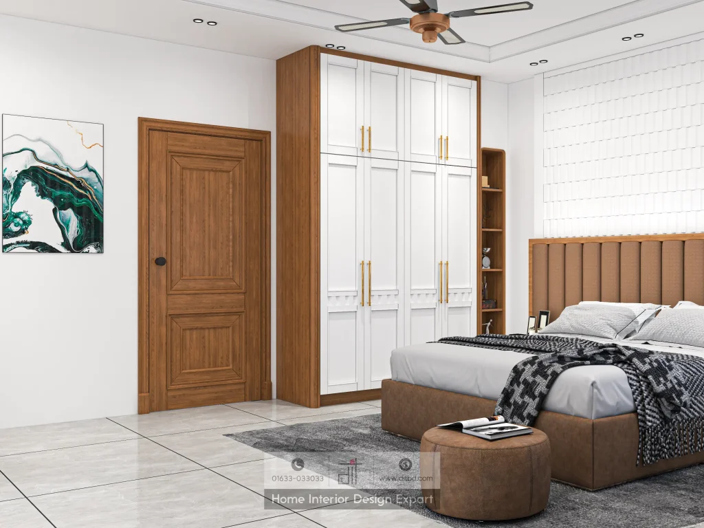 Bedroom wardrobe with white paneled doors, oak wood frame, and open shelving in Keraniganj by DIT Studio
