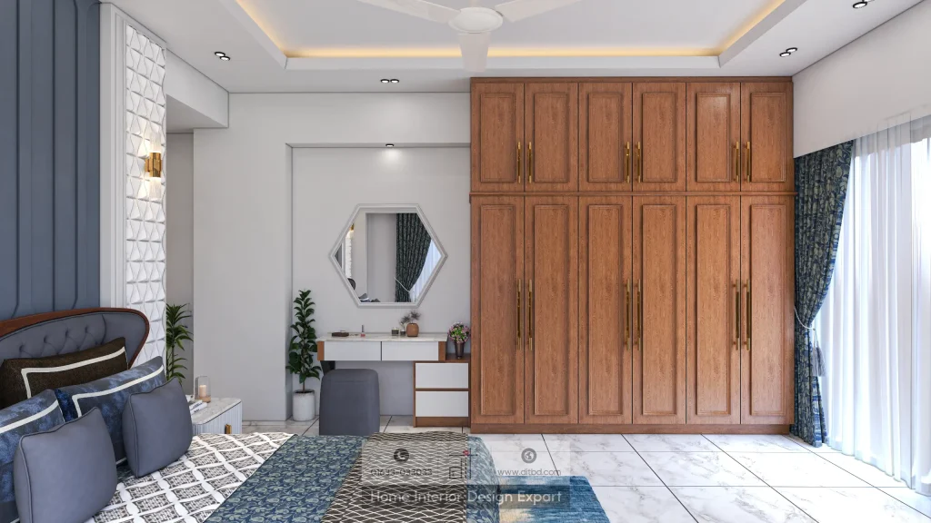 Solid walnut eight-door panelled wardrobe with hexagonal mirror vanity, blue rug, and white brick accent wall in Mohammadpur bedroom