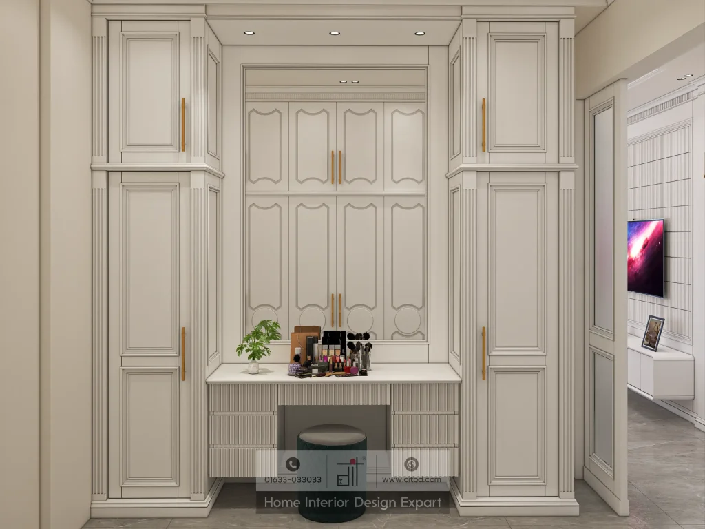 Built-in vanity station with cosmetics flanked by neoclassical wardrobes in luxury closet by DIT Studio Gulshan-2 Dhaka