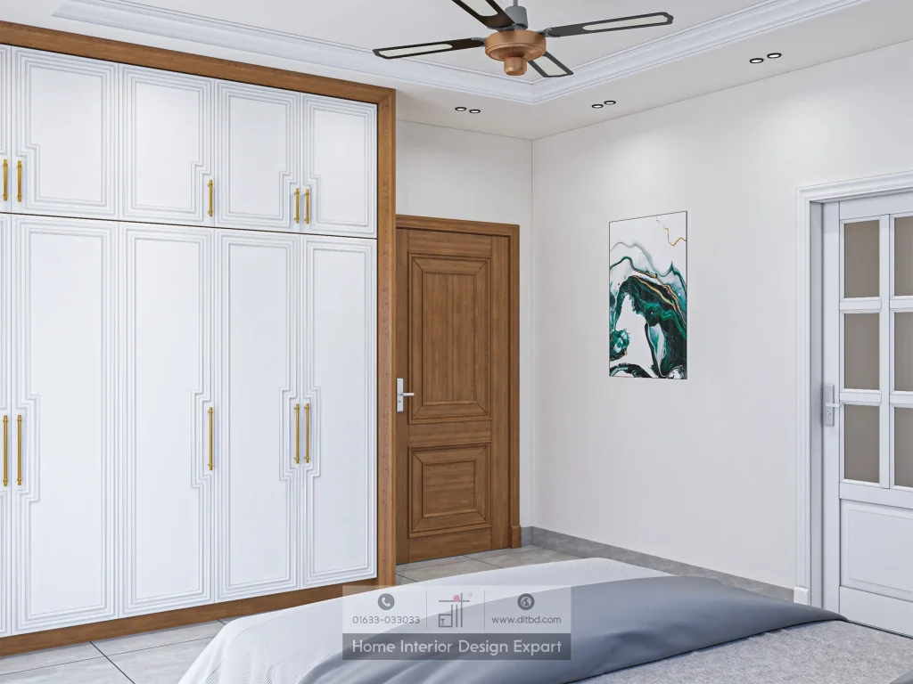 White wardrobe with oak frame beside abstract teal art and bathroom door in Keraniganj apartment by DIT Studio