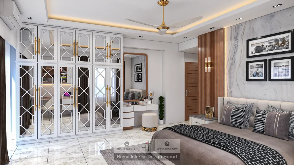 White mirrored wardrobe with geometric diamond fretwork, gold handles, and grey marble accent wall in Mohammadpur by DIT Studio