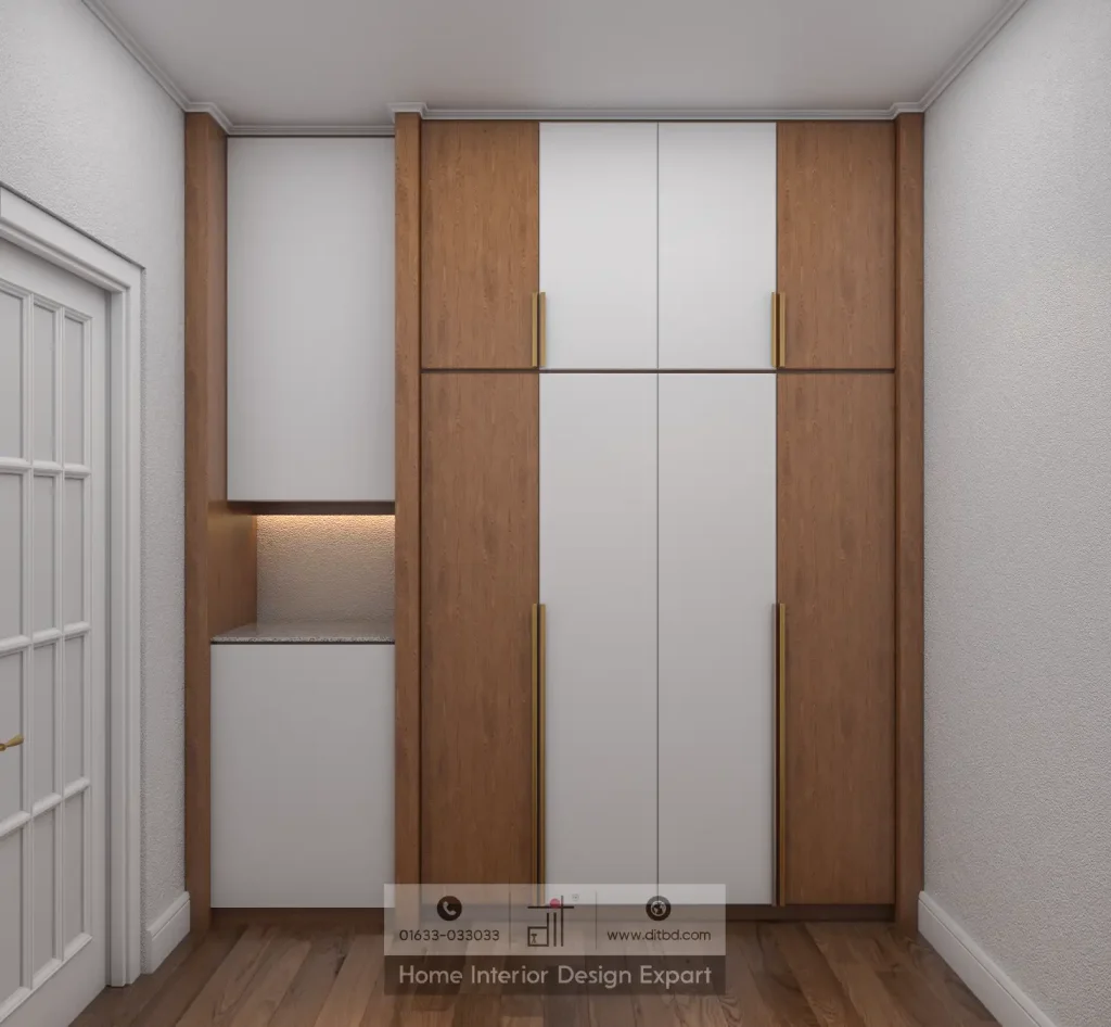 Two-tone walnut and white hallway wardrobe with LED niche in Maona Gazipur by DIT Studio