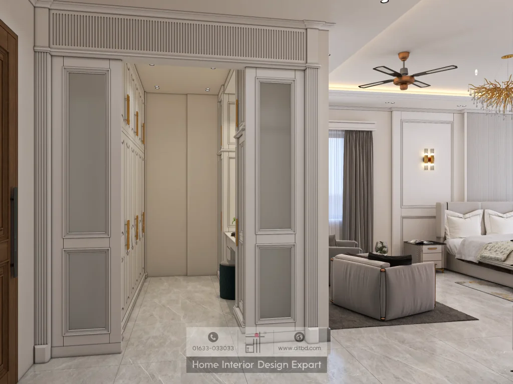 Walk-in closet entrance with glass-front wardrobes and master bedroom view in Gulshan-2 designed by DIT Studio