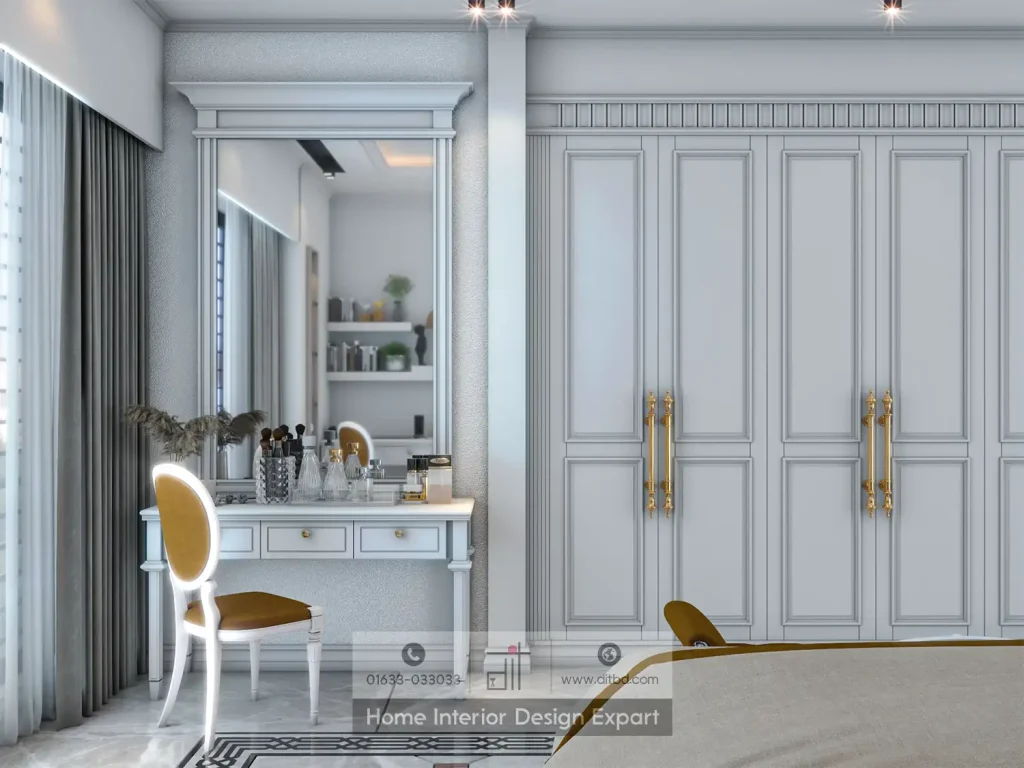 French-style vanity station beside grey panelled wardrobe with baroque gold handles in Dhanmondi 10A by DIT Studio
